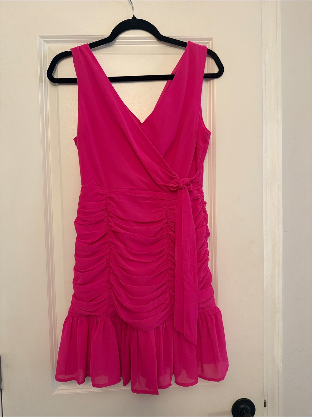 She + Sky Hot Pink Ruched V-Neck Mini Dress